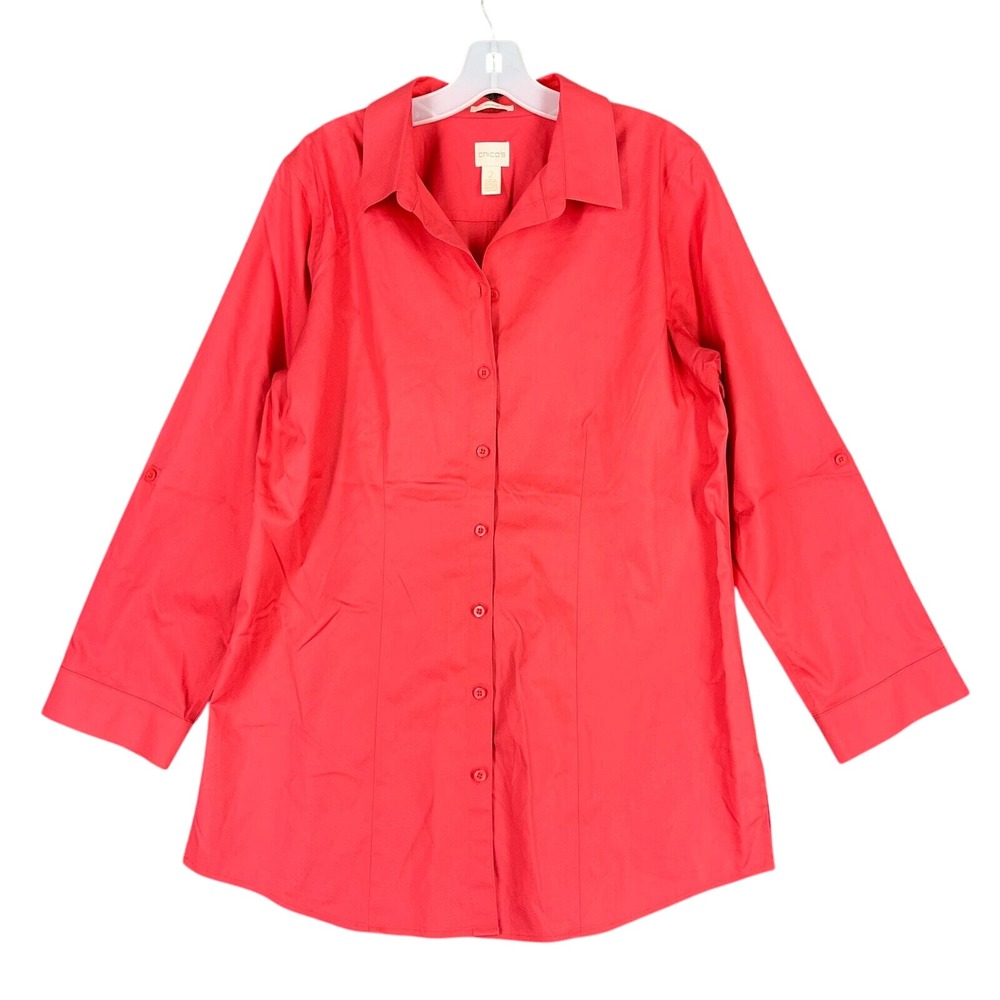 Chicos Travelers Classic Shirt Women 2 No Iron Tunic Relaxed Tailored Everyday